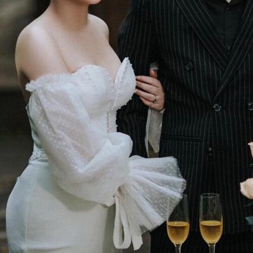 Wedding Sleeves White Shiny Detachable Bridal Bicep Tulle Long Sleeves Off-shoulder Handmade For Elegant Bridal Accessories 2021