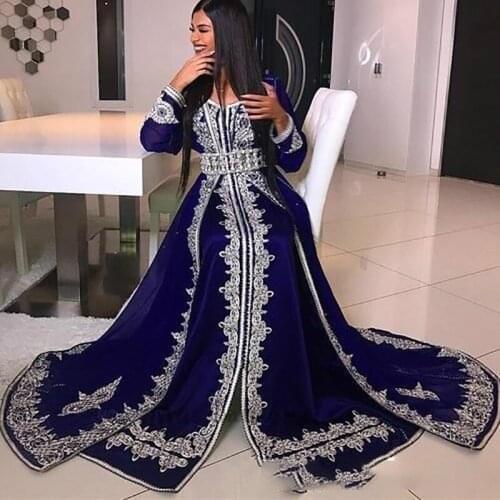 Vintage Kaftan Blue Evening Dress 2020 Muslim Arabic Long Sleeve Formal Prom Dress With Lace Sexy V Neck Appliques Morrocan Gown