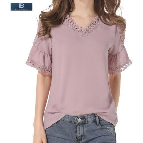 [EL BARCO] 2017 New Arrival Summer Chiffon Lace Women Blouse Shirts Cotton Linen V-neck Flare-Sleeve Blue Pink Cute Causal Tops