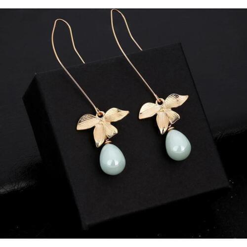 Utrend Simple Danity Dangle Earrings Leaf Gold Color Blue Beads Water Drop Earrings For Women Vintage Long Pendant Earring