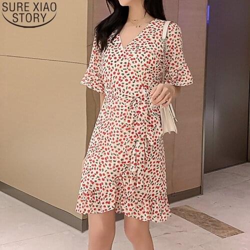 Sexy V Neck Floral Dresses Print Chiffon Boho Dresses 2021 Korean Dress Summer Women Short Sleeve Dress Sweet Robe Femme 13292