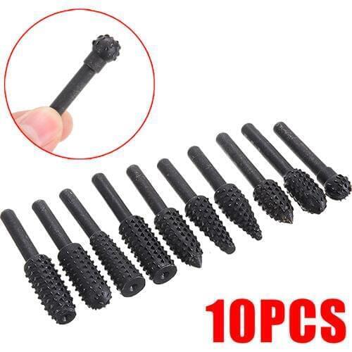 10PCS Shank Rotary Burr Set Black Carbon Steel Shank Rotary Wood Carving Rasp Drill Bits Grinding Polishing Woodworking Tools