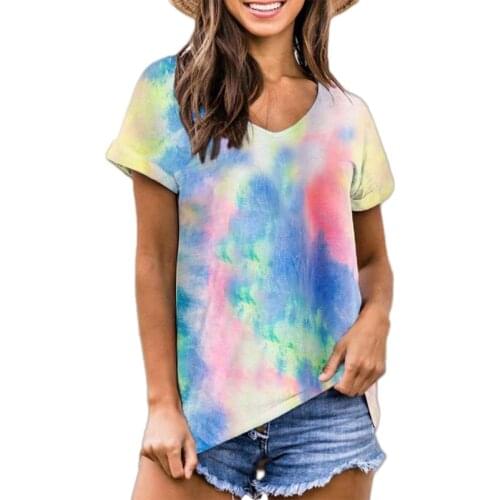 2020 Hot Sale Women Tie Dye T Shirt Summer Short Sleeve V Neck Casual Slimming Tops Tee Basic Tops Streetwear