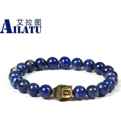 Ailatu Religious Jewelry 8mm Natural Not Fade Lapis Lazuli Stone Beads Vintage Cz Big Buddha Head Bracelet