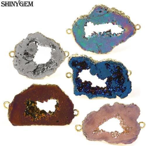 ShinyGem Irregular Natural Brazil Crystal Druzy Stone Slice Connector Charms Gold Plating Bezel Connector For DIY Jewelry Making