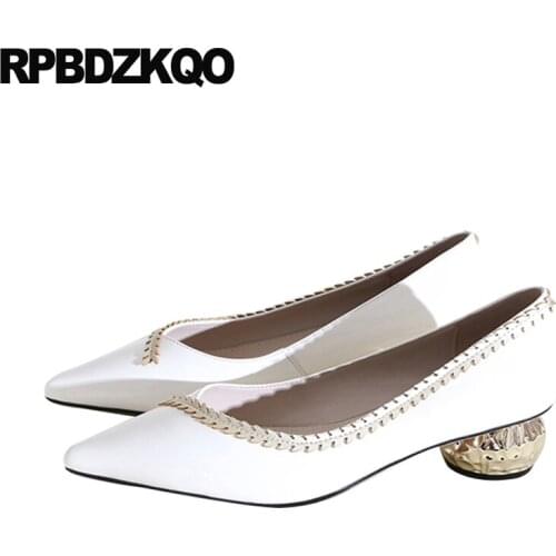 Block Patent Leather Medium Heels Size 4 34 Brand White Ladies Pointed Toe Slip On High Quality Designer Shoes Pumps Genuine New