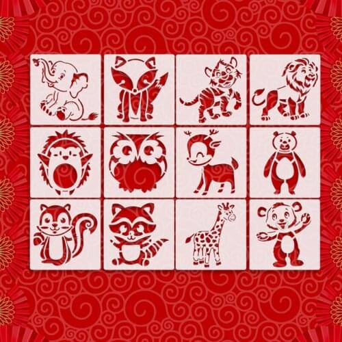 12pcs 13*13cm Animals Elephant Fox Deer DIY Layering Stencils Scrapbooking Coloring Embossing Album Decorative Painting Template