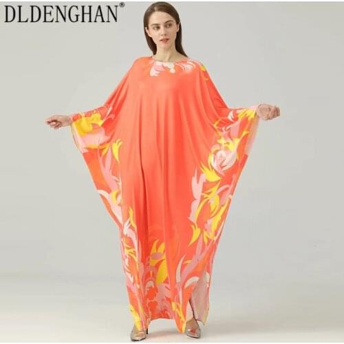 DLDENGHAN Designer Flame Print Vintage Dress For Women Lace Up O-Neck Batwing Sleeve Backless Loose Maxi Dresses Summer New