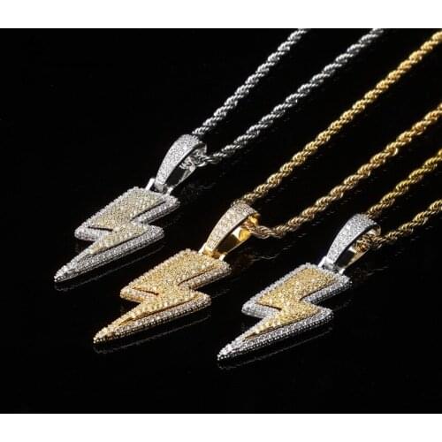 Iced Out Bling Lightning Pendants With Rope Chain Copper Material AAA Cubic Zircon Mens Hip Hop Jewelry Gifts Collar Colgante