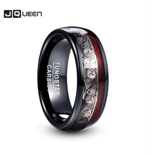 JQUEEN 8mm Wide Tungsten Steel Ring Plating Black Inlay Triple Spiral Pattern+Red Guitar String Tungsten Carbide Ring hot sell