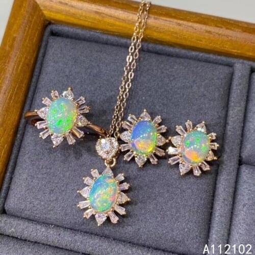 KJJEAXCMY fine jewelry 925 sterling silver inlaid natural opal Trendy flower girl ring pendant eardrop set support test