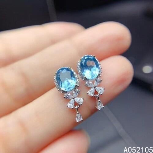 KJJEAXCMY fine jewelry 925 sterling silver inlaid Natural Swiss blue Topaz women elegant fashion gem earrings ear studs support