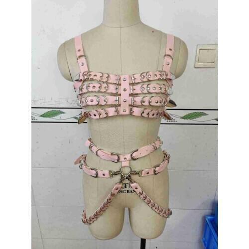 2pcs Set 100% Handmade Nightclub Wear Punk Gothic PU Leather Bras Top Heavy Duty Rows Body Waist Belt Waist Cincher Suspenders