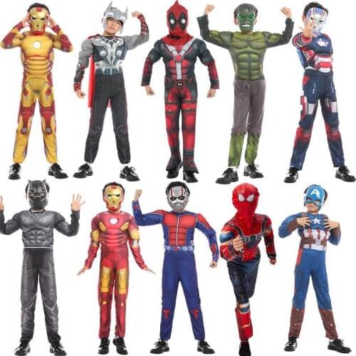 Iron Man Spiderman Muscle Costumes With Mask Superhero Hulk Captain American Cosplay Clothes Set Halloween Toys For Childrens