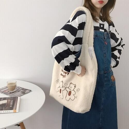 Cute Bear Embroidered Women Shoulder Bag Soft Plush Ladies Shopping Vest Bag Large Capacity Student Girls Casual Tote Handbags