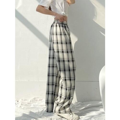 Fashion High Waist Black White Plaid Women Long Pants Female Loose Trousers Casual Pants Plus Size