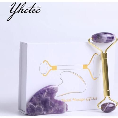 Amethyst Jade Face Massage Roller Gouache Scraper Set Natural Gouache Stone Facial Roller Massager Guasha Scraper Massage Tools