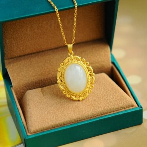 New Oval Natural Hetian Jade White Jade Pendant Ancient French Gold S925 Silver Cross Gold Inlaid Pendant Female