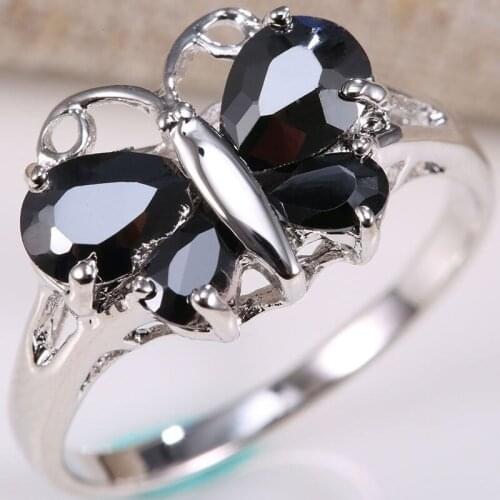 New Trendy Lifelike Butterfly Black Zircon Rings For Women Luxury Silver Color Female Jewelry Party Accessories Birthstone Gift