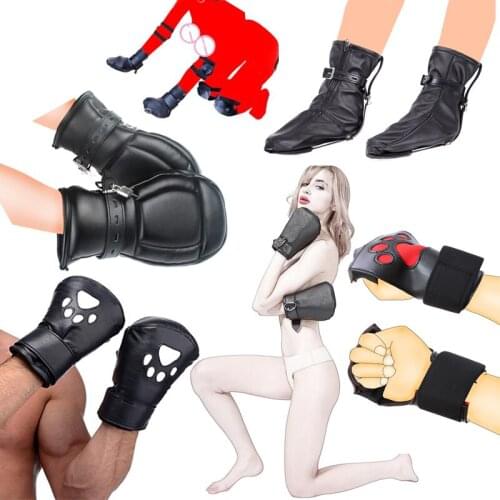 Unisex Leather Padded Dog Palms Crawls Paw Gloves/Fist Mitts/Handcuff/Boot Booties BDSM Bondage Slave Pup Role Play Sex Toy