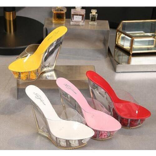 Sexy Women Shoes Slipper 2019 Summer Transparent Crystal Wedding Shoes High-heeled 14cm wild Shoes Flower Waterproof Slipper