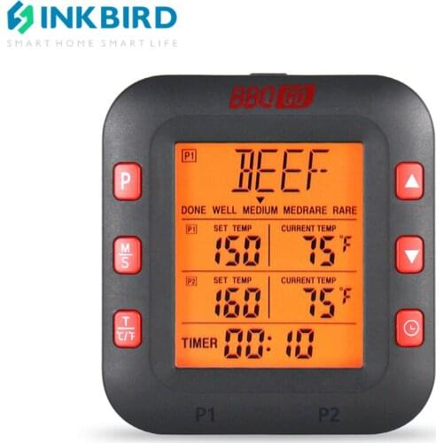 InkBird BG-CT2C Food Thermometer with Two Probes Large LCD Display Monitoring Meat Thermometer with Alarm and Timer for BBQ