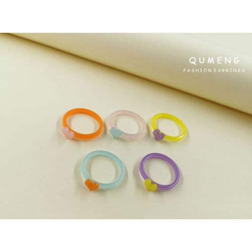 QUMENG 2021 Original Design Simple Cute Love Heart Colorful Glow-In-The-Dark Acrylic Ring Set Sweet Girl Party Gift Kids Jewelry