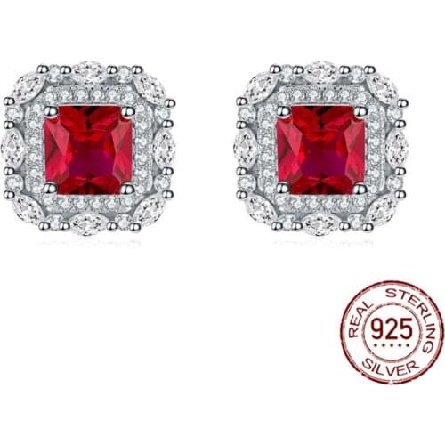 S925 Silver Earrings European and American Temperament Earrings Female Pigeon Blood Ruby Square 6*6 Earrings