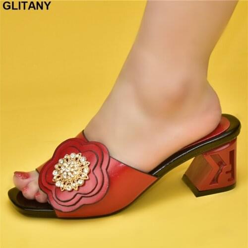 Bling Sequined Flower Sandal Woman Heel Open Toe High Heels Crystal Summer Slippers Women Lady Dress Shoes Slip on Plus Size 43