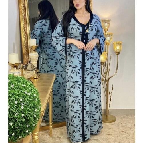 Middle East Ramadan Print Long Floral Dress Abaya Dubai Muslim Womens Wear Sky Blue