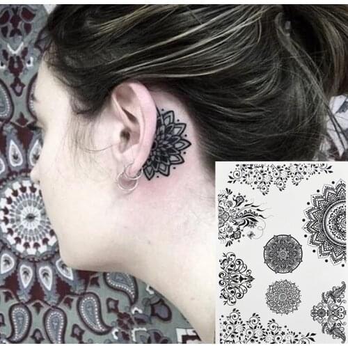 #BH-6 Mini Mandala Flower Tattoo Behind The Ear, The Popular Black Henna Tattoos Temporary Inspired Body Tattoos Stickers