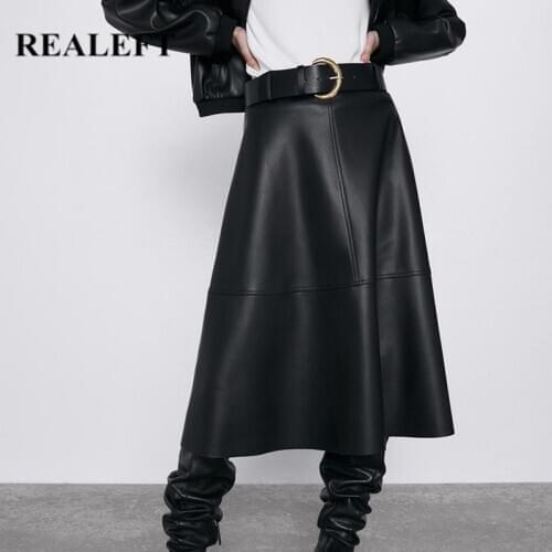 REALEFT 2021 New Autumn Winter PU-leather mi-long Skirt with Belt High Waist Vintage A-line Skirt Chic Mid-calf Umbrella Skirts