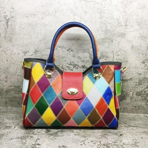 Womens Cow Leather Bag Shoulder Bag Plaid Color Matching Leather Portable Messenger Bag European and American Style Bag