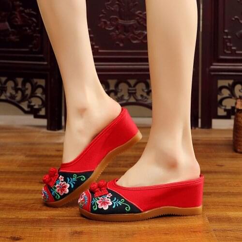 Vintage Chinese Knot Ladies Canvas Embroidered Wedge Shoes Mid Heel Women Comfort Summer Autumn Mules Platform Slipper Close Toe