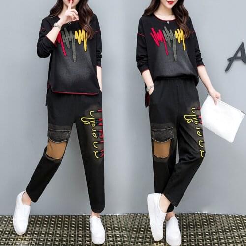 2021 Spring Autumn 2 Piece Sets Womens Plus Size Loose Letters Embroidered Denim Tops + Jeans Outfits Female Vintage Two-piece