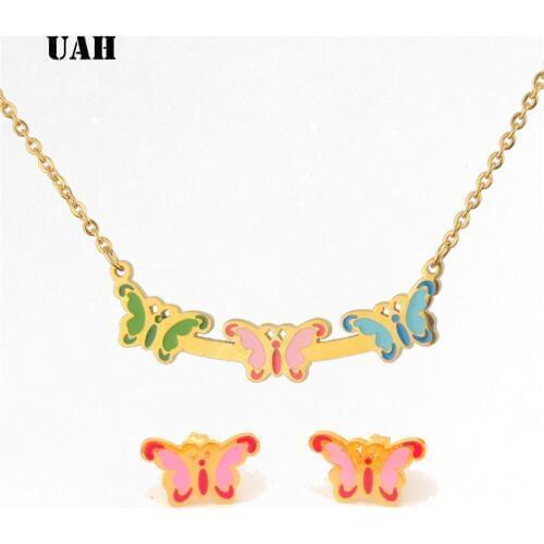 UAH Stainless Steel Enamel Necklace Women Jewelry Sets Bijoux Animal Butterfly Necklaces Pendants Cute Earrings Kids Gifts