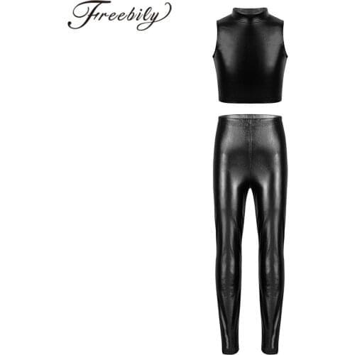 Kids Dancewear Girls Metallic Sleeveless Crop Tank Tops with Metallic Skinny Pants Leggings Hip Hop Performance Dance Costume