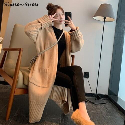 Khaki Long Knitted Cardigan Woman Pocket Fall 2021 Long Sleeve Korean Fashion Sweater Cardigans Female Gray Knit Coat