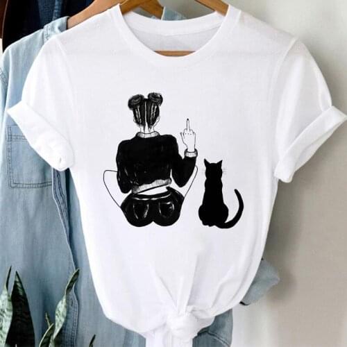 Black Cat Print T Shirt Women Short Sleeve O-Neck White Tshirt Ladies Summer woman Tee Shirt harajuku fashion tee shirt femme