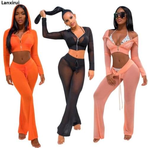 Women Sheer Mesh Two Piece Set Tracksuits Crop Top Pants Hooded Hoodies Sweatshirts Long Sleeve Sporting Suit Female xxxl