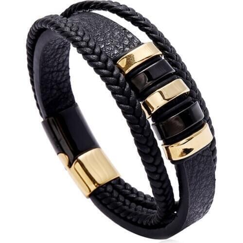 Fashion Stainless Steel Charm Magnetic Black Men Bracelet Leather Braided Punk Rock Bangles Jewelry Accessories Friend