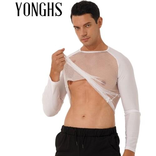 Mens Party Nightclub Stage Show Blouse O Neck Long Sleeve Patchwork Sexy T-shirts Tops Transparent Mesh Wet Look Hot T Shirt