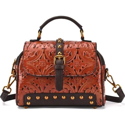 2019 New retro style genuine leather charming flowers prints handbag women shoulder bag fashion creative messenger bag