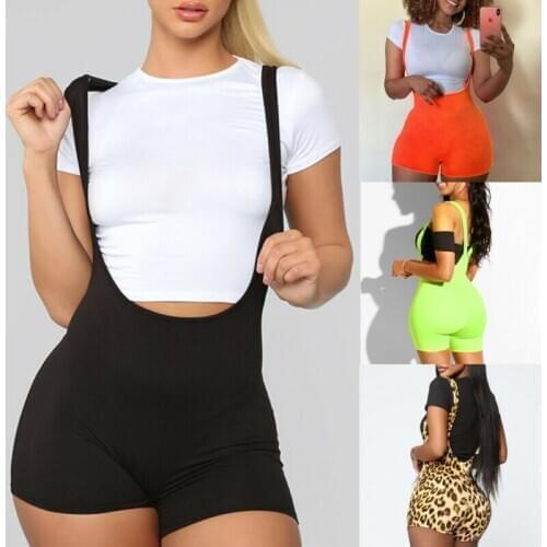 2020 New Fashion Womens Spandex Bib Shorts Summer Casual Solid Color High Waist Rompers Trousers