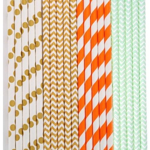 Disposable Paper Wave Stripe Straws Gold/Orange/Green Straw For Hawii Beach Party Decorative Event Supplies