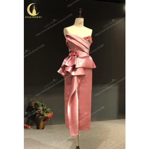 Rhine real Pictures Marchsea Strapless Pink Satin With Green Flowers Beads Tea Length Party Dresses Prom dresses