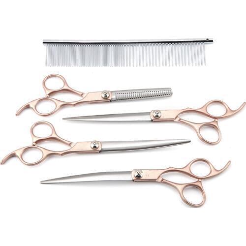 4PCS 7inch Gold Handle Scissors Professional Dog Grooming Hairdressing Shear Scissors Set Curved Scissors Kit Pet Groomer Tools
