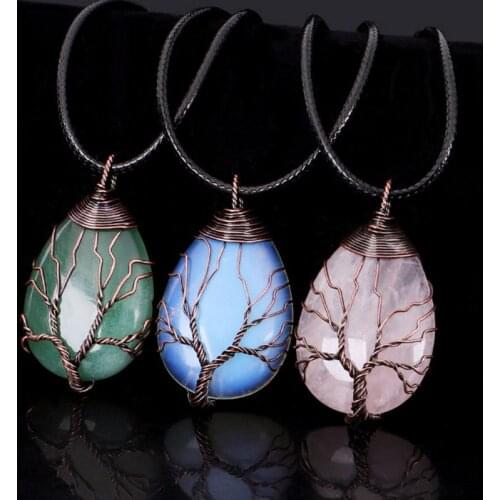 Romantic Natural Stone Crystal Drop-Shaped Necklace For Women Wire Wound Lucky Tree Pendant Jewelry Choker Girlfriend gifts