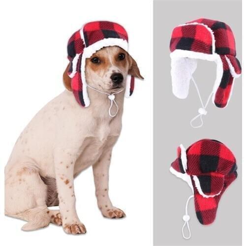 Plaid Pet Hat Autumn and Winter Warm Puppy Plush Beret Cap Big Dog Outdoor Walking Windproof Hats French Bulldog Pet Headwear