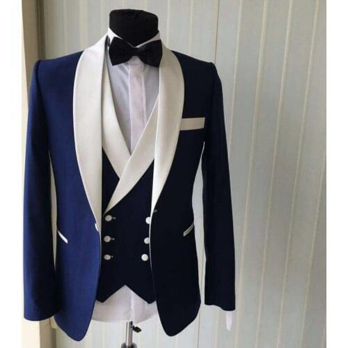 Custom Made Groomsmen Shawl White Lapel Groom Tuxedos Blue Men Suits Wedding Best Man Blazer (Jacket+Pants+Vest+Bow Tie ) C69